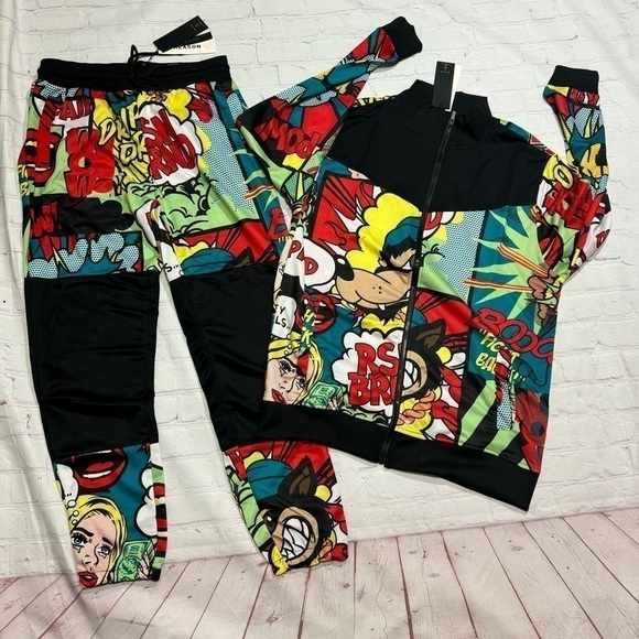 REASON CLOTHING BRAND comic strip printed 2 Piece Men’s Track Suit large NWT 90s - Picture 1 of 11